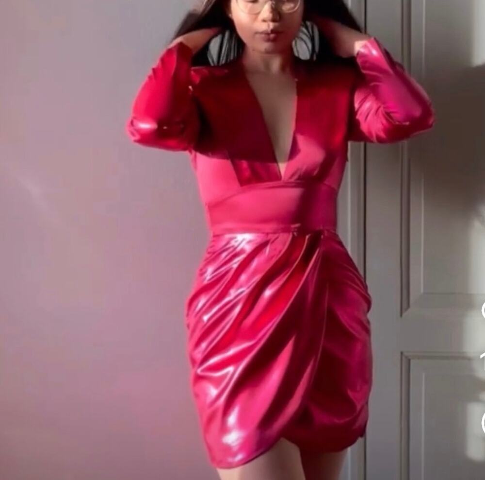 ZARA BLOGGER FAVORITE LAMINATED MINI DRESS FUCHSIA